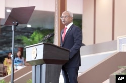 FILE- Ibrahim Mohamed Solih speaks after being sworn in as the country's president in Male, Maldives, Nov. 17, 2018.