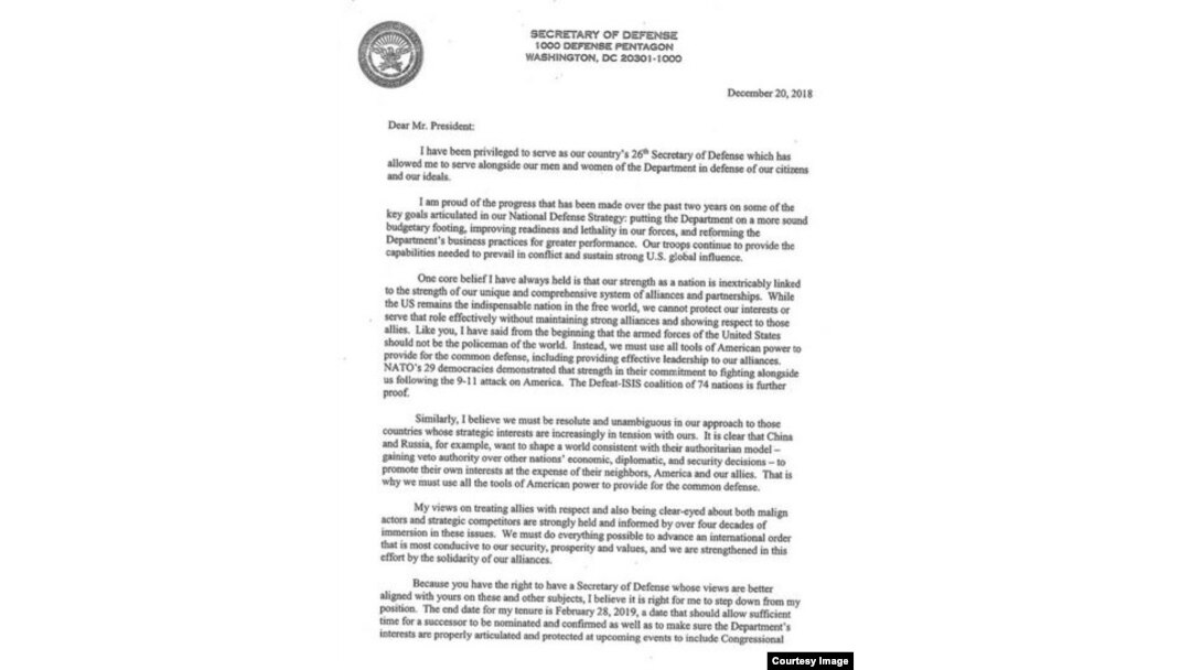 In letter just released by the Department of Defense, Secretary Jim Mattis warns, “We cannot protect our interests ... without maintaining strong alliances and showing respect to those allies.”