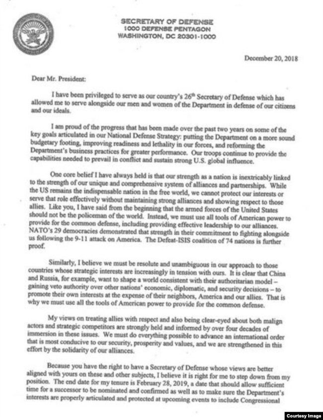 In letter just released by the Department of Defense, Secretary Jim Mattis warns, “We cannot protect our interests ... without maintaining strong alliances and showing respect to those allies.”