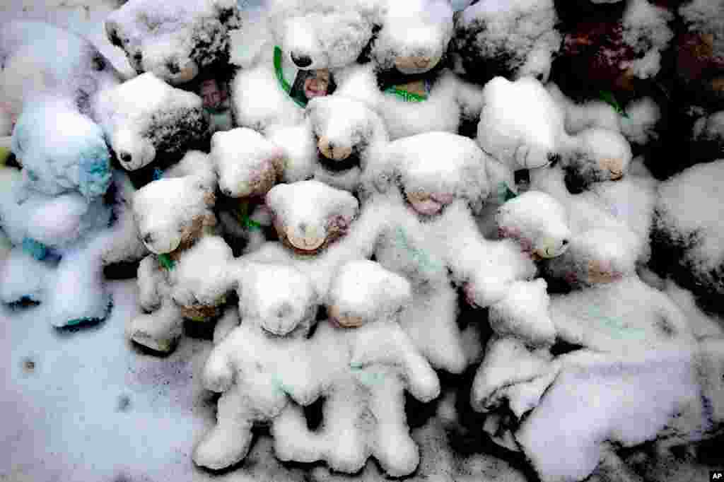 Snow-covered stuffed animals with photos attached were placed at a makeshift memorial for victims of the Sandy Hook massacre in Newtown, Conn, Dec. 14, 2012.
