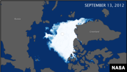 These maps compare the Arctic ice minimum extents from 2012 (top) and 1984 (bottom). In 1984 the minimum Arctic sea ice extent was 6.70 million square kilometers. The minimum ice extent in 2012 was nearly half of that at 3.41 million square kilometers.