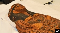 View of head of the sarcophagus intercepted by U.S. Customs officials in Miami, Florida in 2008