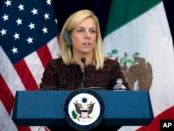 Secretary of Homeland Security Kirstjen Nielsen speaks during a news conference, after a US-Mexico meeting in Washington, Dec. 14, 2017.