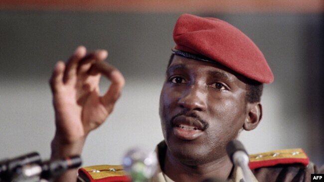 FILE - In this file photo taken on Sept. 2, 1986, Captain Thomas Sankara, President of Burkina Faso gives a press conference during a non-aligned summit in Harare.