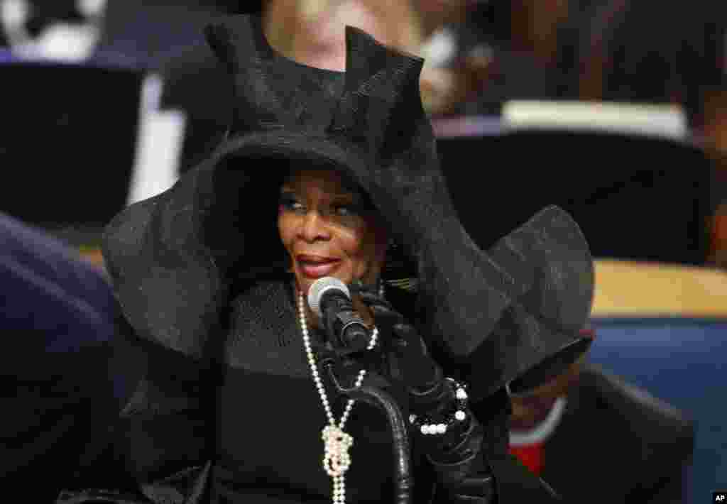 Cicely Tyson speaks during the funeral service for Aretha Franklin at Greater Grace Temple, Aug. 31, 2018, in Detroit. 