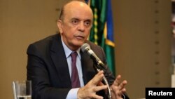 El ministro de Relaciones Exteriores de Brasil, José Serra, habló durante una conferencia de prensa en Montevideo, Uruguay, el martes, 5 de julio de 2016.