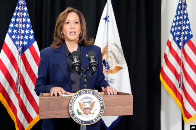 Vice President Kamala Harris, the Democrats' nominee for U.S. president in 2024, speaks Oct. 17, 2024, in Milwaukee, Wisconsin, about the killing of Hamas' Yahya Sinwar in Gaza.