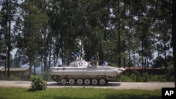 A UN Organization Stabilization Mission in DRC, MONUSCO, armored vehicle drives through Rutshuru, under control of M23 rebels, north of Goma, August 4, 2012.