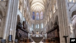 Inside view of Notre-Dame de Paris cathedral as French President Emmanuel Macron visits the restored interiors of the Notre-Dame de Paris cathedral, Nov. 29, 2024 in Paris. 