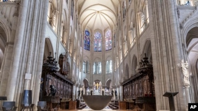 Inside view of Notre-Dame de Paris cathedral as French President Emmanuel Macron visits the restored interiors of the Notre-Dame de Paris cathedral, Nov. 29, 2024 in Paris. 