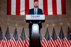 Eric Trump, the son of President Donald Trump, tapes his speech for the second day of the Republican National Convention from the Andrew W. Mellon Auditorium in Washington, Aug. 25, 2020.