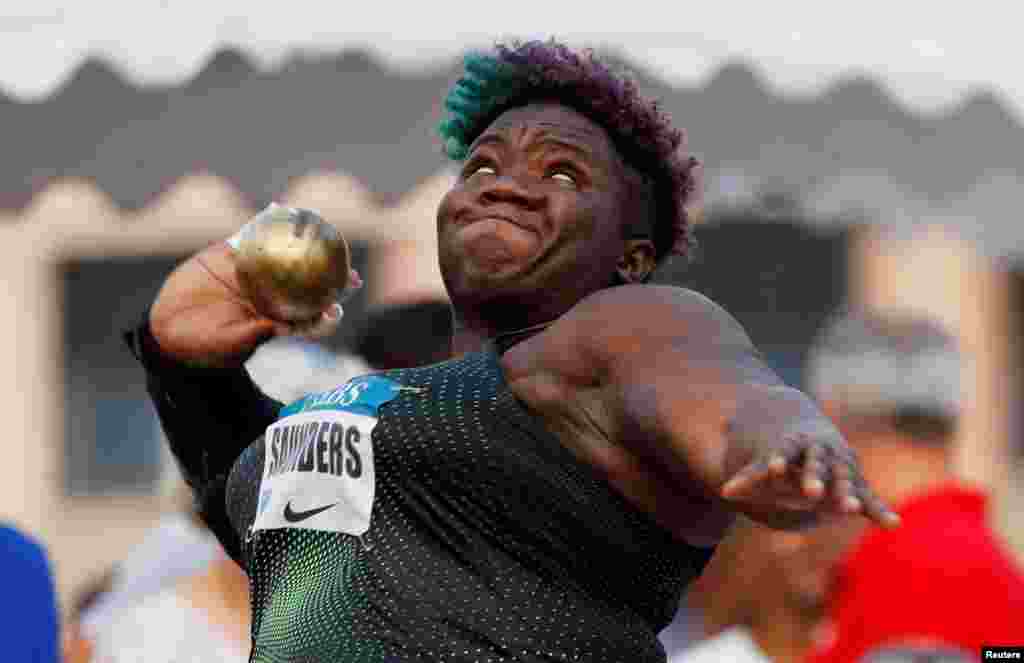 Raven Saunders of the U.S. competes during the women's shot put event at the Morocco Diamond League athletics competition in Hercule Port, Monaco.