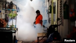 A city worker fumigates the area to control the spread of mosquitoes at a university in Bangkok, Thailand, Sept. 13, 2016. 