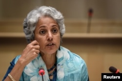 FILE - WHO Chief Scientist Soumya Swaminathan attends a press conference organized by the Geneva Association of United Nations Correspondents in Geneva, July 3, 2020.