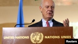 FILE - U.N. Special Envoy for Syria Staffan de Mistura speaks at a news conference at the United Nations in Geneva, Switzerland, Sept. 9, 2016.