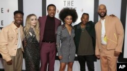 Actors Lamar Johnson, Sabrina Carpenter, Russell Hornsby, Amandla Stenberg, Algree Smith and Common, from left, attend a screening of "The Hate U Give" at The Paris Theater, Oct. 4, 2018, in New York.