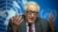 FILE - U.N. mediator for Syria Lakdar Brahimi gestures during a press briefing at the United Nations headquarters in Geneva, Switzerland, January 2014.