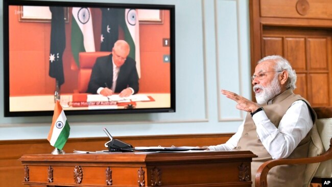 印度总理莫迪与澳大利亚总理莫里森进行视频会议。（2020年6月4日）