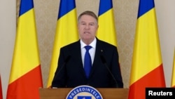 Romanian President Klaus Iohannis speaks, announcing his resignation, in Bucharest, Romania, Feb. 10, 2025, in this screen grab from video released by the Romanian Presidency. (Romanian Presidency via Reuters)