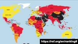 국경없는 기자회가 발표한 '2021년 세계 언론자유 지수'. 북한과 중국 등 일부 국가들이 언론자유가 없는 국가라는 의미로 검은색으로 표시되어 있다.