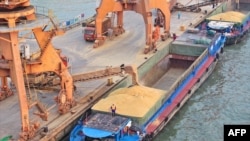 FILE - A barge is loaded with imported grain at the port in Nantong, in China’s eastern Jiangsu province on Feb. 16, 2025.