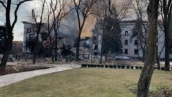 A view shows Donetsk Regional Theatre of Drama destroyed by an airstrike in Mariupol