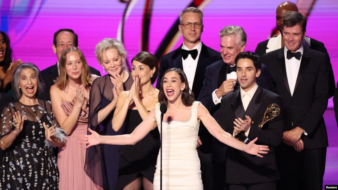 The cast and crew of "Hacks" accept the award for Best Comedy Series at the 76th Primetime Emmy Awards in Los Angeles, California, Sept. 15, 2024. 