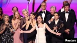 The cast and crew of "Hacks" accept the award for Best Comedy Series at the 76th Primetime Emmy Awards in Los Angeles, California, Sept. 15, 2024. 