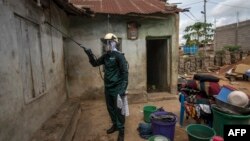 FILE - A worker of sprays the walls of a house with insecticide against mosquitoes, in Ghana, May 2, 2018.