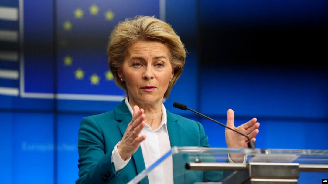 European Commission President Ursula von der Leyen addresses the media after a video-conference with G7 leaders at the European Council building in Brussels, March 16, 2020. 