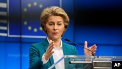 European Commission President Ursula von der Leyen addresses the media after a video-conference with G7 leaders at the European Council building in Brussels, March 16, 2020. 