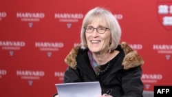 US economist Claudia Goldin, who was awarded the Nobel prize in economics, talks to the press at Harvard University in Cambridge, Massachusetts, on October 9, 2023. (Photo by Lauren Owens Lambert / AFP)