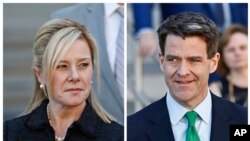 The March 29, 2017 file photos shows Bridget Kelly, left, and Bill Baroni leaving federal court after sentencing. The Supreme Court has thrown out the convictions of the two political insiders involved in New Jersey's "Bridgegate" scandal.