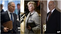 De izquierda a derecha Scott Pruitt, Linda McMahon y el General John Kelly, todos nominados para puestos en el gabinete de Trump.