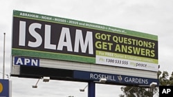 A billboard offering information about Islam is seen on a main road in west Sydney. The billboards, paid by an Islamic group called MyPeace, offer free information about Islam, a free copy of the Koran and other Islamic literature. (2011 File)
