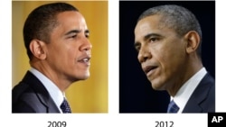 These file photos, Oct. 7, 2009, left, and Nov. 28, 2012, right, show President Barack Obama speaking in Washington. (AP Photo, File)