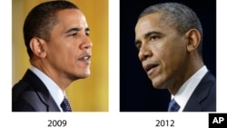 These file photos, Oct. 7, 2009, left, and Nov. 28, 2012, right, show President Barack Obama speaking in Washington. (AP Photo, File)