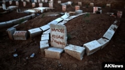 Graves of Kurdish people killed fighting alongside People's Protection Units (YPG) against Islamic State (IS) jihadists for the control of the mainly-Kurdish Syrian town of Kobani, also known as Ain al-Arab, in the cemetery of the Turkish town of Suruc, Oct. 15, 2014. 
