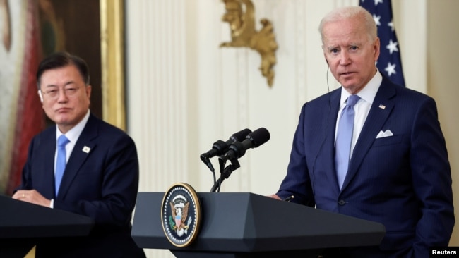 FILE - U.S. President Joe Biden and South Korea's President Moon Jae-in hold a joint news conference after a day of meetings at the White House, in Washington, May 21, 2021.