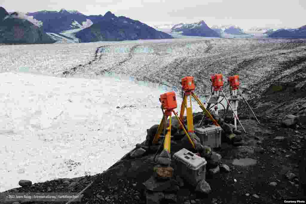 Black carbon or soot in the atmosphere accelerates ice melt on Columbia Glacier, Alaska, as documented by the Extreme Ice Survey time lapse cameras. (James Balog/Extreme Ice Survey)