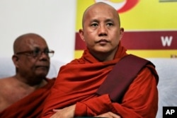 FILE - Myanmar’s radical Buddhist monk Ashin Wirathu attends a media briefing in Colombo, Sri Lanka, Sept. 30, 2014.