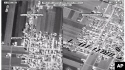 This satellite image posted on the U.S. Embassy Damascus Facebook page Saturday, April 7, 2012, shows the presence of a military convoy in Zirdana, Syria on April 5, right, next to imagery of the same area on April 4, showing no military convoy, according