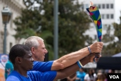 The welcoming ceremony for Namibian, Singaporean, and Tanzanian Special Olympics teams at Pasadena, California, July 22 (VOA photo -Ronen Tivony)