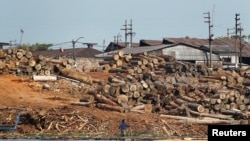 Un hombre trabaja en un depósito de madera en el río Iquitos, en Perú, en septiembre de 2014.