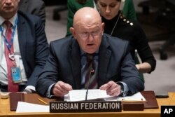 FILE - Russian Permanent Representative to the UN Vassily Nebenzia speaks during the Security Council meeting at United Nations headquarters, December 22, 2023.