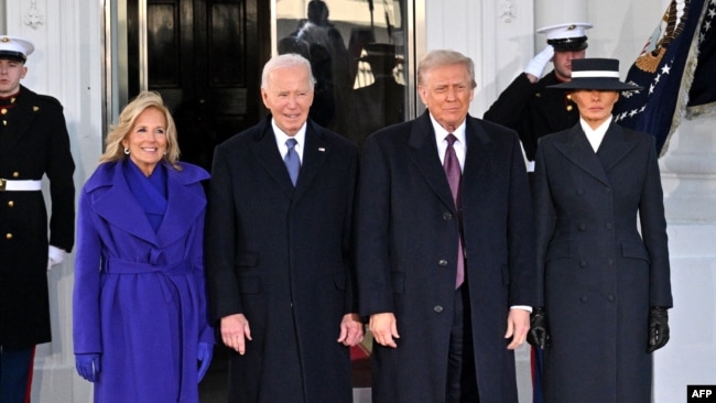 U.S. President Joe Biden and first lady Jill Biden pose alongside President-elect Donald Trump and Melania Trump as they arrive at the White House on Jan. 20, 2025, before departing for the U.S. Capitol where Trump will be sworn in as the 47th US President.