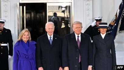 US President Joe Biden and first lady Jill Biden pose alongside President-elect Donald Trump and Melania Trump as they arrive at the White House on Jan. 20, 2025, before departing for the US Capitol where Trump will be sworn in as the 47th US President.