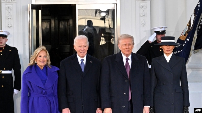 US President Joe Biden and first lady Jill Biden pose alongside President-elect Donald Trump and Melania Trump as they arrive at the White House on Jan. 20, 2025, before departing for the US Capitol where Trump will be sworn in as the 47th US President.