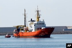 FILE - The NGO "SOS Mediterranee" Aquarius ship is seen after its arrival at the eastern port of Valencia, Spain, June 17, 2018.