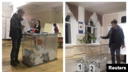 RUSSIA -- A combination picture shows a voter, holding a ballot before casting it at a polling station number 216 (L) and casting a ballot at a polling station number 215, during the presidential election in Ust-Djeguta, March 18, 2018